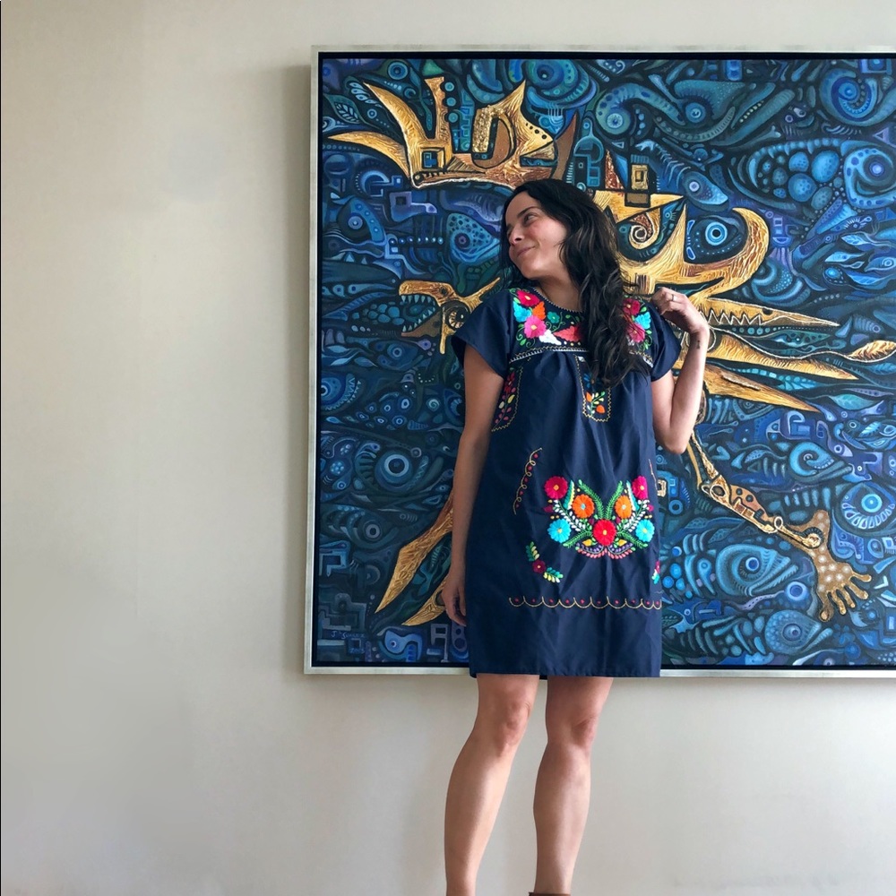 Mexican Navy Blue Dress Embroidered with Florals